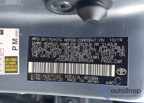 2020 Toyota Corolla Se из США, поврежденный, VIN JTDS4RCE2LJ045626